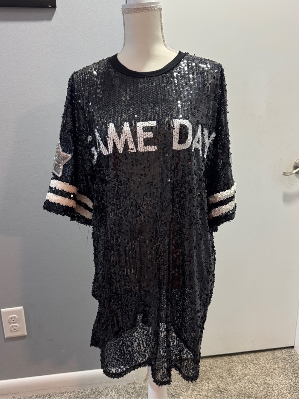 Timing Black Sequin "Game Day" Short Sleeve Top with White Details